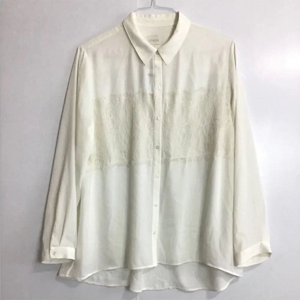 CHICO’S White Satin Alita Lace Panel Blouse New Long Sleeve Button Up Size 3 - Picture 2 of 8